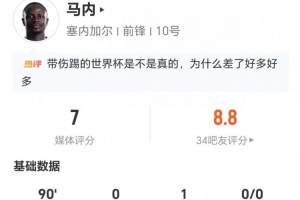 馬內本場0射+1助攻 5關鍵傳球+3搶斷 16對抗10成功+16丟失球權